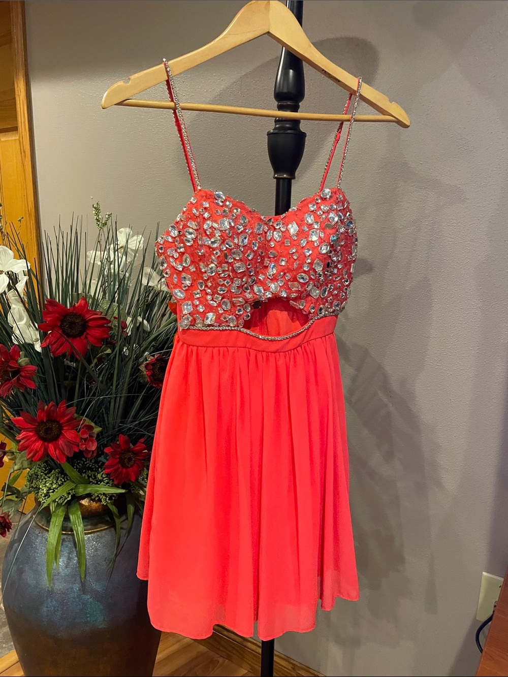 B Darlin Junior Coral Pink Embellished Spaghetti-Strap Dress